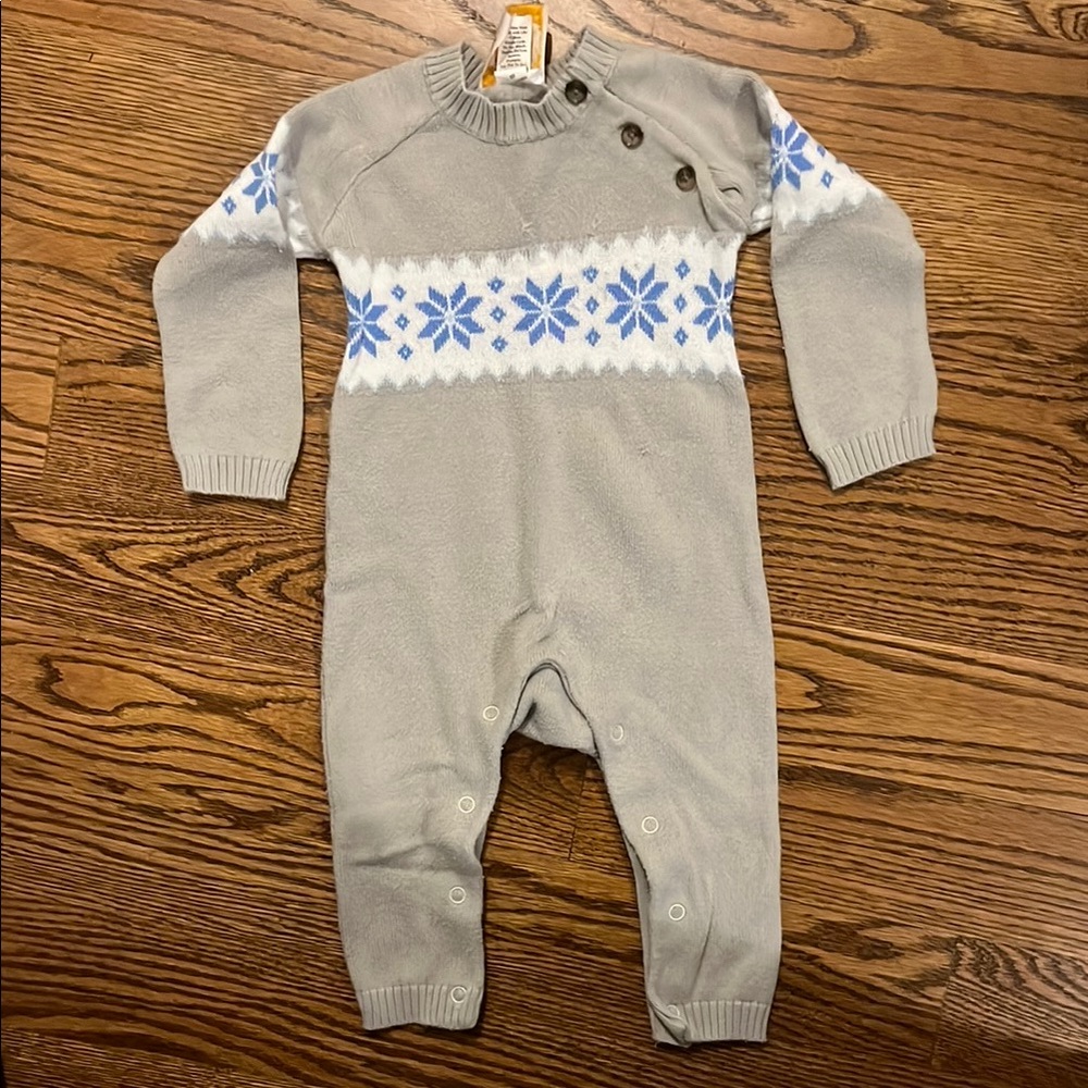 TBBC Gray and Blue Snowflake Fair Isle Knit Baby Romper